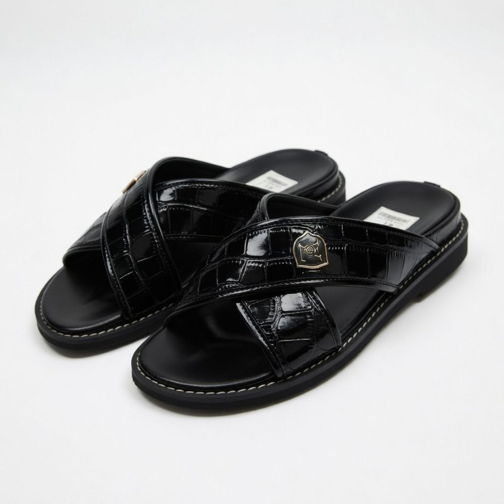 Luxurious Men Black Croc Leather Slider Sandals with Gold Details